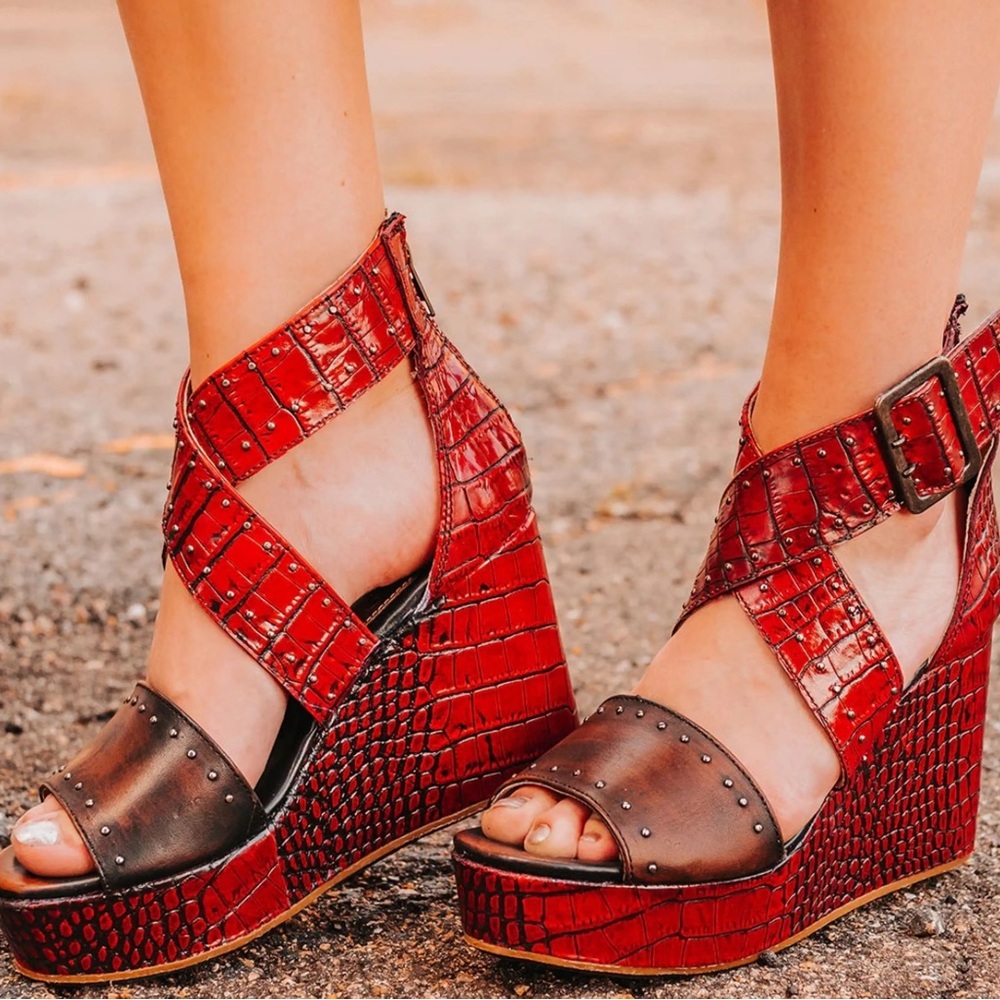 Freebird by Steven Red Croc-Embossed Wedge Sandals with Brown Studded Toe